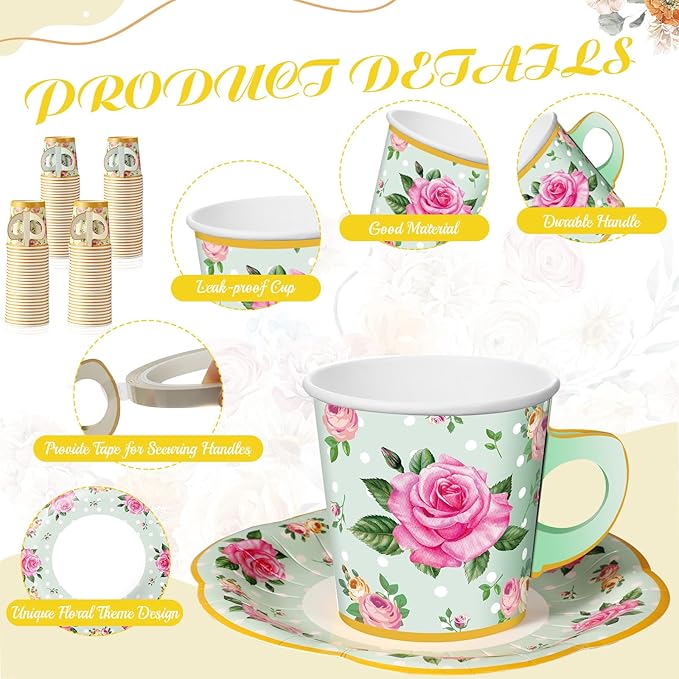 Umigy 60 Sets Spring Tea Party Decorations 6.5 oz Floral Paper Teacups & Saucer Set for Girls Women Afternoon Tea Parties Mothers Day Bridal Shower Wedding Birthday Party Decorations(Yellow, Green)