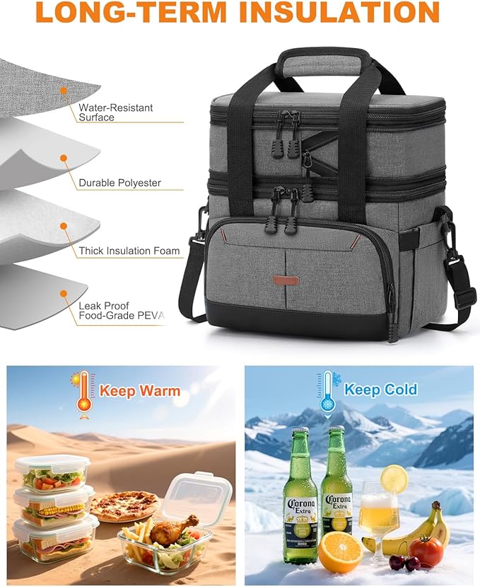 Lunch Box For Men Women Double Deck Insulated Lunch Bag For Men Woman Leakproof Expandable Cooler Bag with Adjustable Shoulder Strap for Kids Shool Work Picnic Camping(Gray‌,Large)