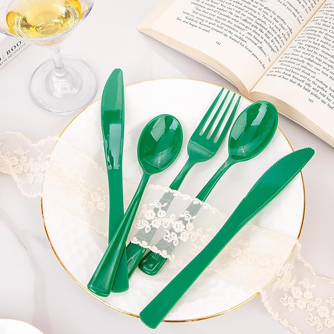 WDF 160 Pcs Green Plastic Silverware - Heavy Duty Silverware Includes 80Forks, 40Spoons, 40Knives, Green Plastic Utensils Perfect for Party/Wedding/Birthday/Daily Using/Easter