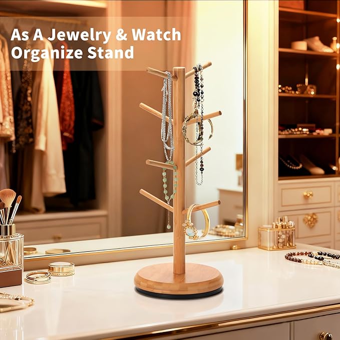 BAMBANG Mug Holder Tree, 360° Rotating 8 Hooks Coffee Cup Holder for Counter Top, Bamboo Coffee Mug Rack Stand for Kitchen Countertop Home, Natural