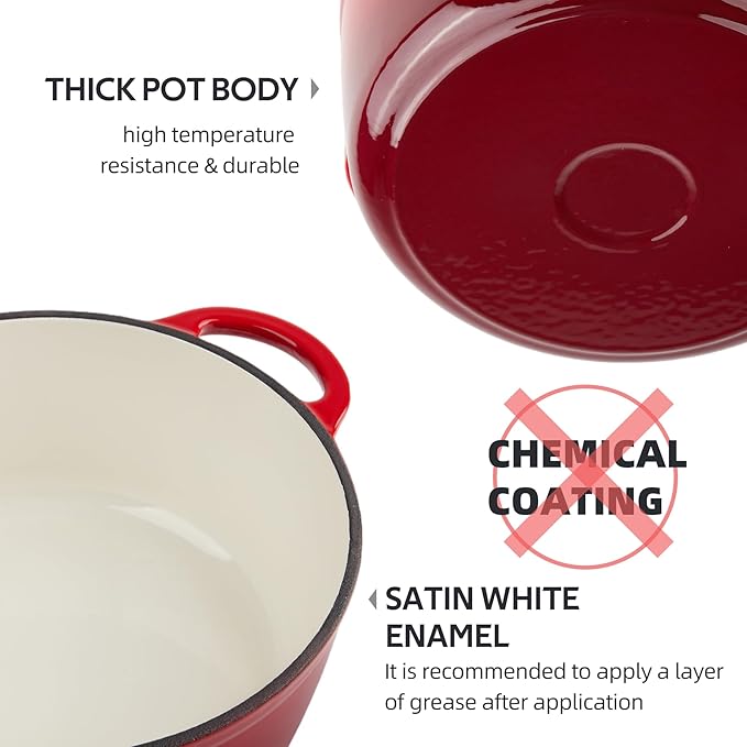 4 Quart Dutch Oven Enameled Cast Iron with Lid - Big Dual Handles - Oven Safe up to 500°F - Classic Round Pot for Versatile Cooking Red