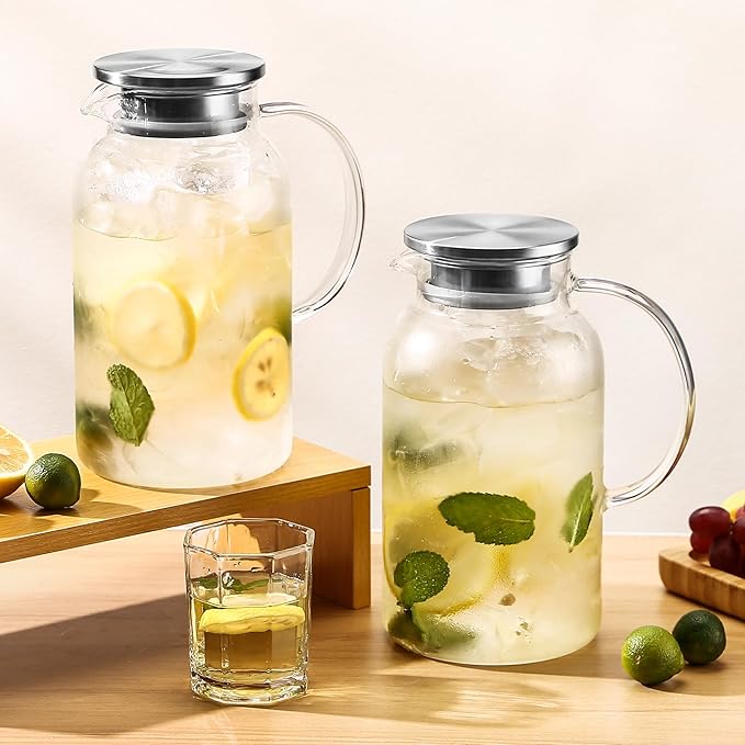 2Pack 68 oz Glass Pitcher With Lid. Glass Carafe for Hot/Cold Water. 0.5 Gallon Pitcher for Fridge. Water Jugs for Cold Brew Coffee, Iced Tea, Milk, Sun Tea Jar