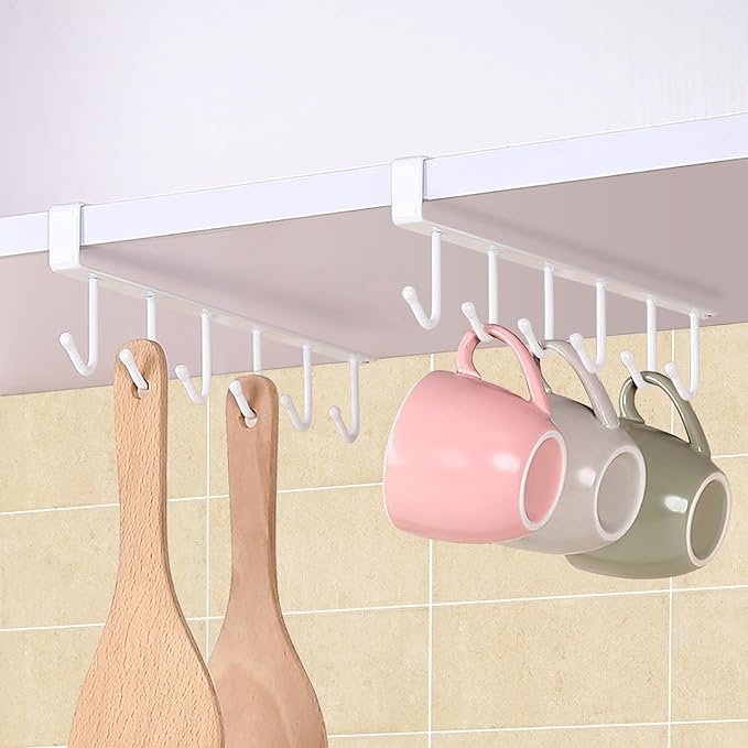 Under Cabinet Coffee Mug Holder - 6 Hooks Cups Storage Rack, Drilling Free, Kitchen Utensil Hanging Hooks Rack 2 Pack (White 2pcs)