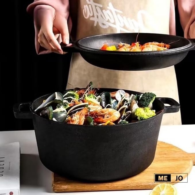 ME JO 6qt Cast Iron Dutch Oven with Multi-Functional Cast Iron Skillet Lid – Heavy-Duty Casserole Dish with Lid for Bread Making, Roasting to Frying | 4.8L Capacity | Pre-Seasoned, Hob and Oven Safe