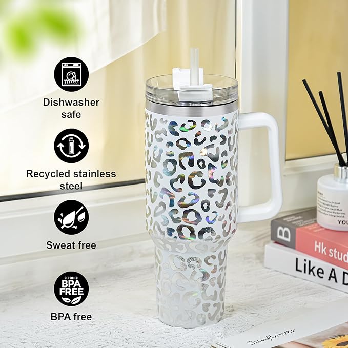 40 oz Cow Tumbler with Handle and Straw, 100% Leak-Proof Travel Mug, Stainless Steel Double Wall Vacuum Insulated Coffee Cup Keeps Cold For 34 Hours, White Cow