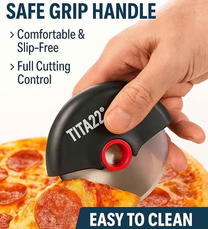TITA22™ Titanium Coated Pizza Cutter Wheel – Ultra Sharp & Durable, Rust Resistant, Ergonomic Safe Grip Handle, Dishwasher Safe, Detachable Blade for Easy Cleaning – Professional Pizza Slicer