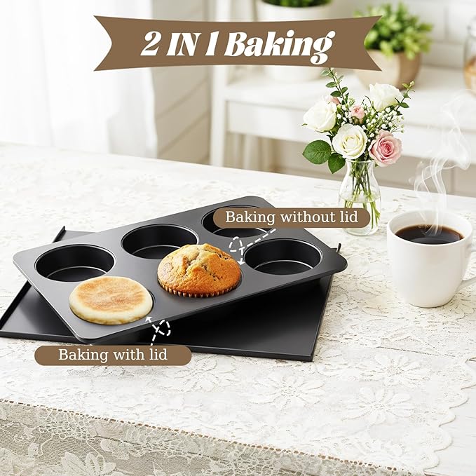 6 Cup Straight Side Jumbo English Muffin Cupcake Pan with Lid, Nonstick Hamburger Bun Pan, Nonstick Baking Tin Tray Mold for Baking Burger Buns Roll Focaccia Quiche Pancake