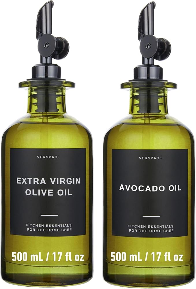 UV-Protected Green Glass Olive Oil Dispenser Bottles For Kitchen - Includes 40 Kitchen Essential Labels, Avocado Oil Dispenser Set, Modern Decor for Home, Airbnb, Cafe Set of 2
