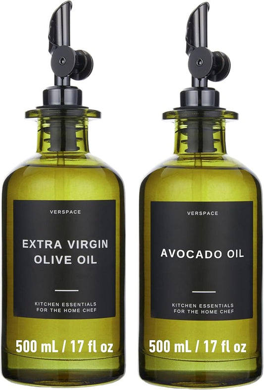UV-Protected Green Glass Olive Oil Dispenser Bottles For Kitchen - Includes 40 Kitchen Essential Labels, Avocado Oil Dispenser Set, Modern Decor for Home, Airbnb, Cafe Set of 2