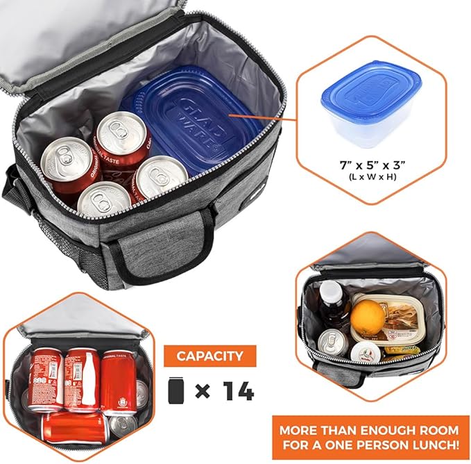 opux Insulated Lunch Bag for Men Women, Leakproof Heather Gray Lunch Box for Work, Portable Soft Lunch Cooler Bag with Shoulder Strap, Adult Lunchbox Lunch Pail for Kid Boy Girl School, 14 Can/8L
