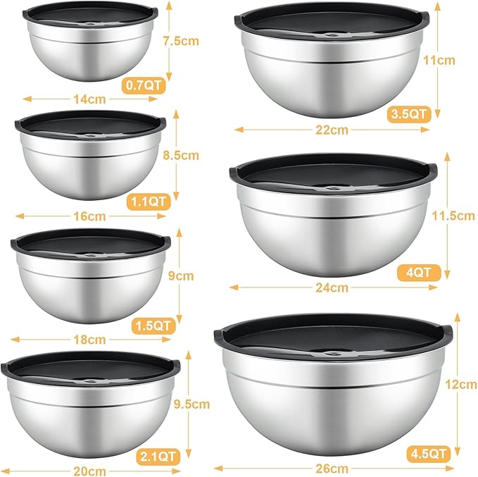 7 Piece Mixing Bowls with Lids Set - Mixing Bowls Stainless Steel Bowls for Kitchen Baking, Size 0.7, 1.1, 1.5, 2.1, 3.5, 4, 4.5QT, Baking Bowl for Food Preparation, Mixing and Serving Foods