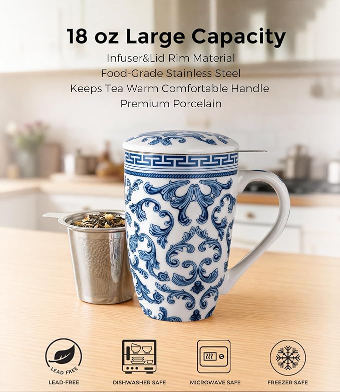 AmorArc Porcelain Tea Mug with Infuser and Lid – 18oz Loose Leaf Tea Cup with Handle, Gift for Tea Lovers (Men & Women)