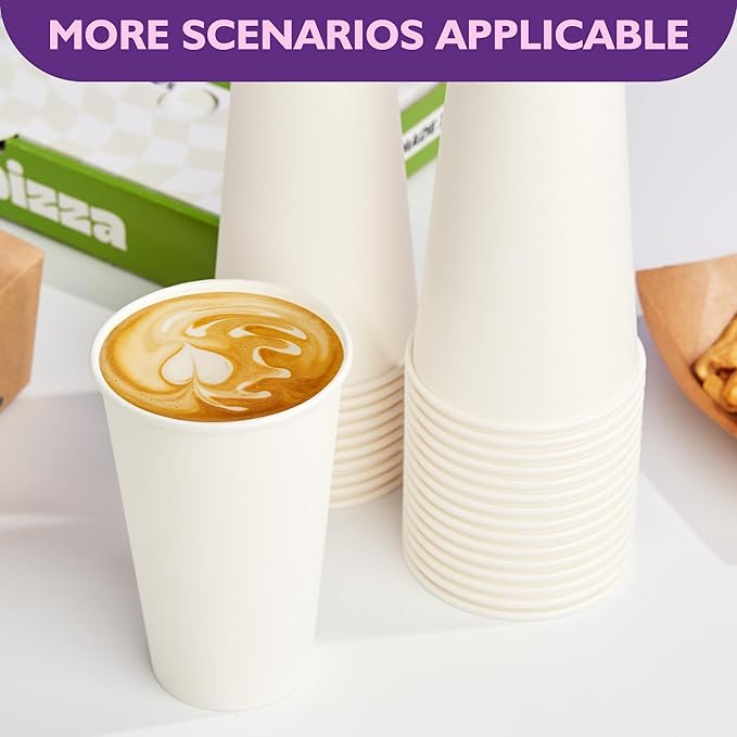 16 oz White Paper Coffee Cups, Disposable Hot Drink Cups for Coffee, Tea, Cocoa, Water, 200 Pack