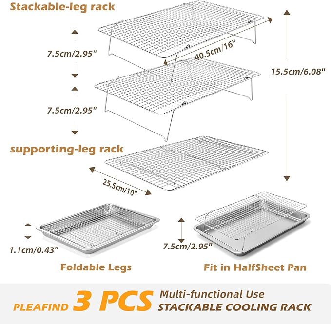 Pleafind 3 PCS Silver Stackable Cooling Rack -16 x 10 Inch Wire Rack, Heavy Duty Stainless Steel Baking Racks, Cooling Racks for Cooking and Baking Cookie Pizza Cake, Oven and Dishwasher Safe