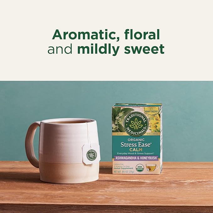 Traditional Medicinals Organic, Stress Ease Calm with Adaptogens, Ashwagandha & Honeybush - Promotes Relaxation - Kosher, Non-GMO, Caffeine-Free, Compostable - 16 Tea Bags (Pack of 2)