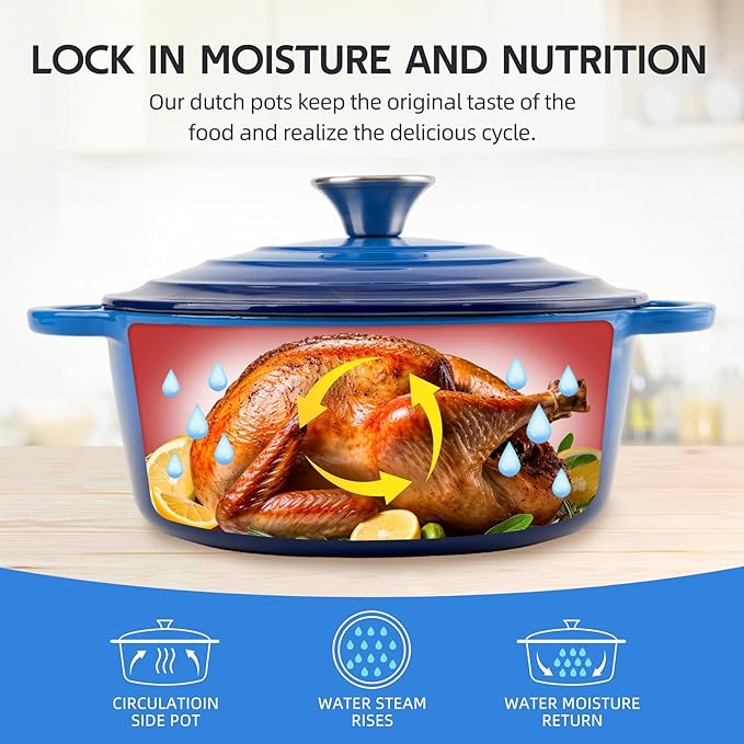 4 Quart Dutch Oven Enameled Cast Iron with Lid - Big Dual Handles - Oven Safe up to 500°F - Classic Round Pot for Versatile Cooking Blue