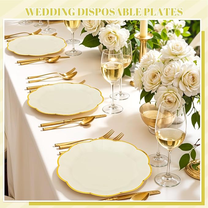 30 Pcs White and Gold Paper Plates, 9 Inch Cream Paper Plates Ivory Plate with Gold Trim Scalloped Wedding Plate for Baby Shower, Wedding, Birthday, Tea Party