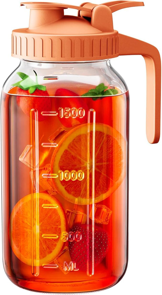 64 oz Glass Pitcher with Lid, Large Wide Mouth Mason Jar with Pour Spout, Orange Sun Tea Glass Jar for Outside, Lemonade Pitcher Great for Drink, Cold Beverages and Breast Milk