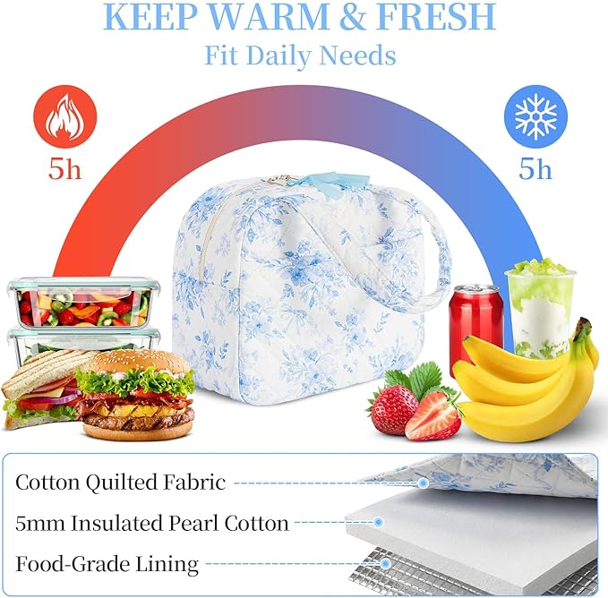 Quilted Lunch Box for Women,Coquette Aesthetic Lunch Box for Teen Girls,Cute Blue Floral Lunch Bags for Work, School,Office,Picnic,Travel (Big Blue Floral)