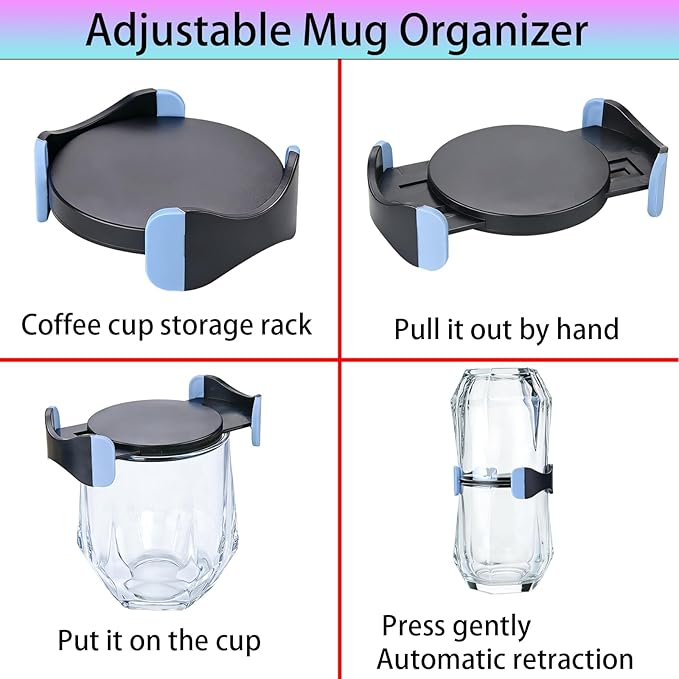 Coffee Mug Organizers and Storage,Extendable, automatically folding teacup and coffee cup organizer，Kitchen Cabinet Shelf Organizer-Cupboard and Pantry Organization, Save Space (4, Black)