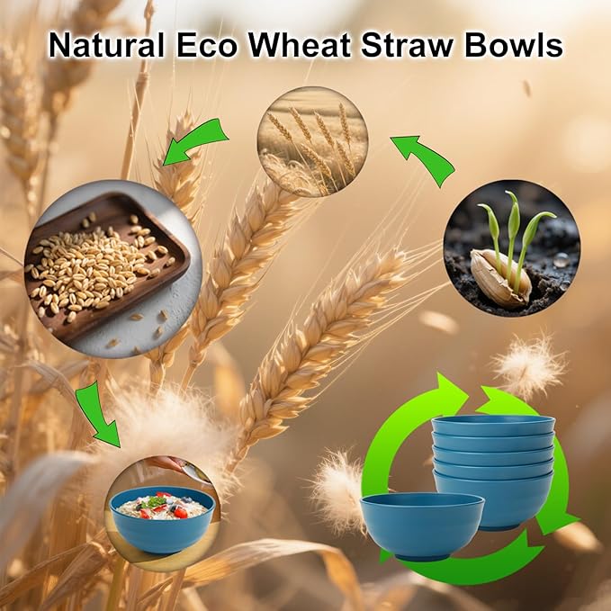 Wrova Big Salad Bowls for Kitchen, Premium 60oz Wheat Straw Bowls Set of 6, Unbreakable Cereal Bowls Popcorn Bowls Reusable, Microwave Safe Salad Bowls Large Serving for Fruit,Rice and Oatmeal- Blue