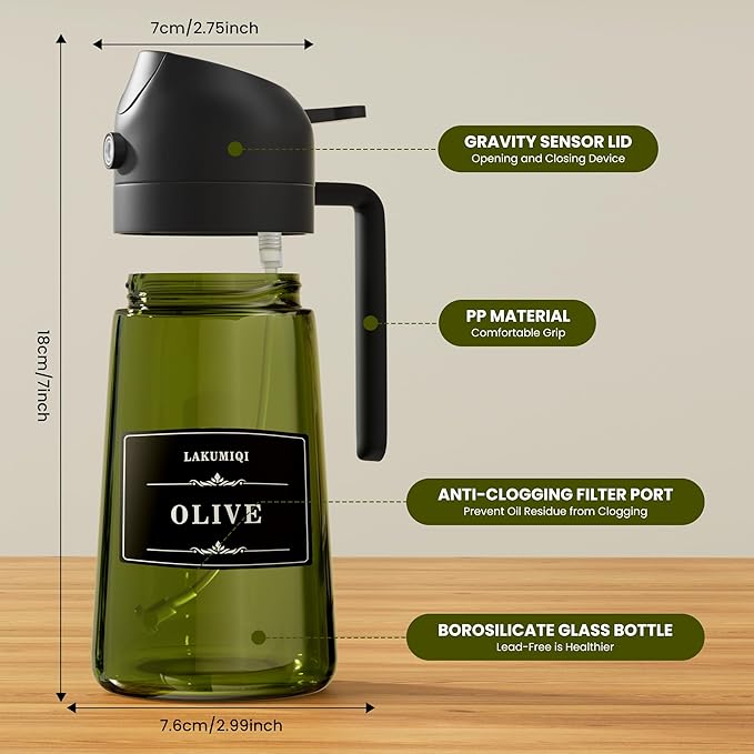 2 in 1 Oil Sprayer for Cooking, 16oz Olive Oil Dispenser Bottle for Kitchen, Food Grade Light-Blocking Leak Proof Glass Spray Bottle for Salad, Air Fryer, BBQ