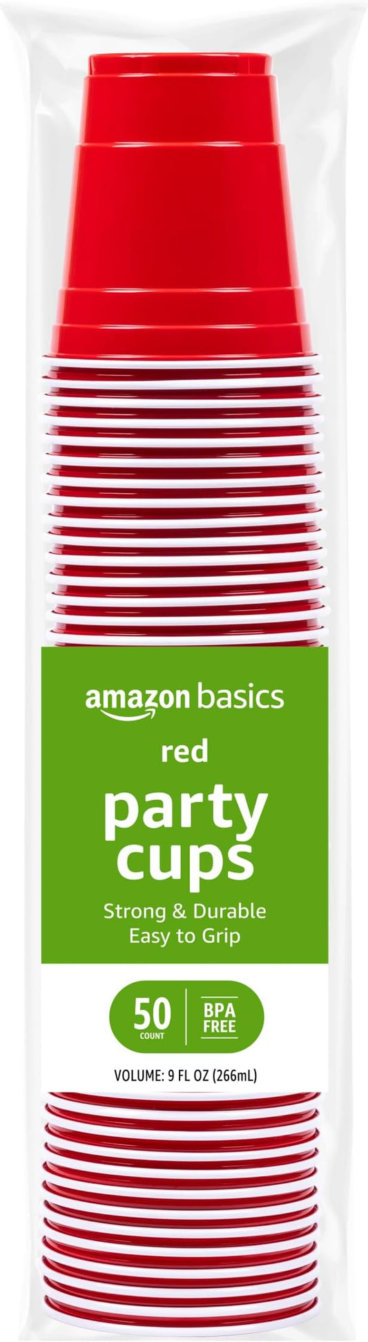 Amazon Basics Small Disposable Red Plastic Party Cups, BPA-Free, 9oz, 50 Count