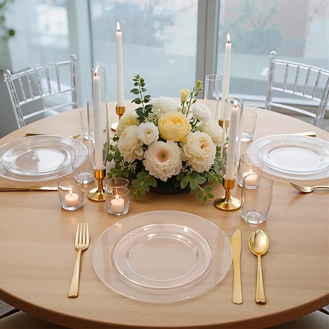 WDF 200PCS Clear Plastic Plates for Party - Heavy Duty Clear Disposable Plates - 100 x 10 Dinner Plate and 100 x 7 Dessert/Cake Plastic Plate for Weddings/Traval/Party/BBQ/Events