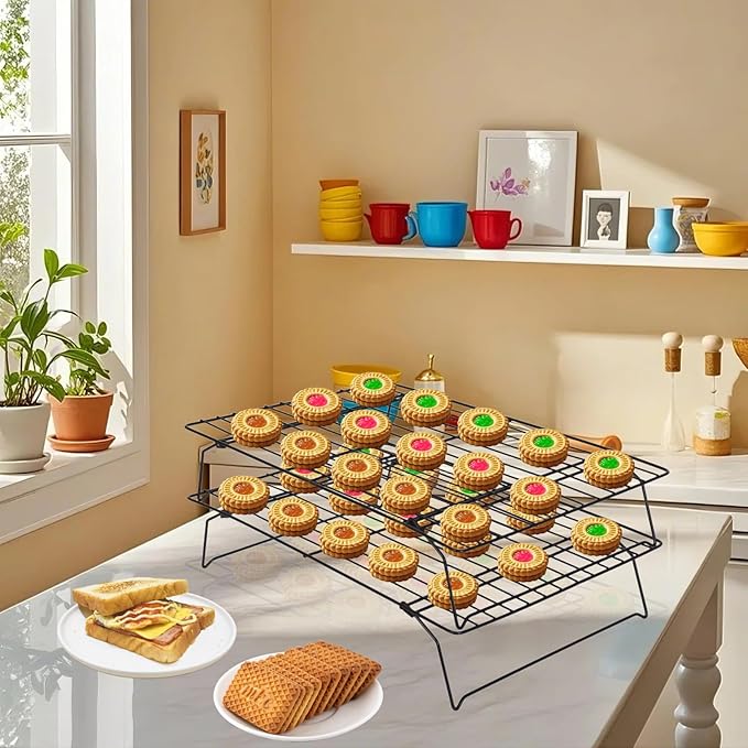 PowerKing 2-Tier Cooling Rack for Baking - 15.75" x 9.84" Stackable Stainless Steel Wire Rack, Non-Stick, Collapsible, Space-Saving Design for Cookies, Cakes, and More, Gifts for Baking Enthusiasts