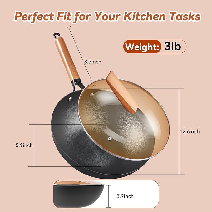 12.6 Inch Carbon Steel Wok Pan with Standable Tempered Glass Lid, Flat Bottom Wok, Non-Coated Stir Fry Pan with Wood Handle for Induction, Gas, Electric and Ceramic Stovetops