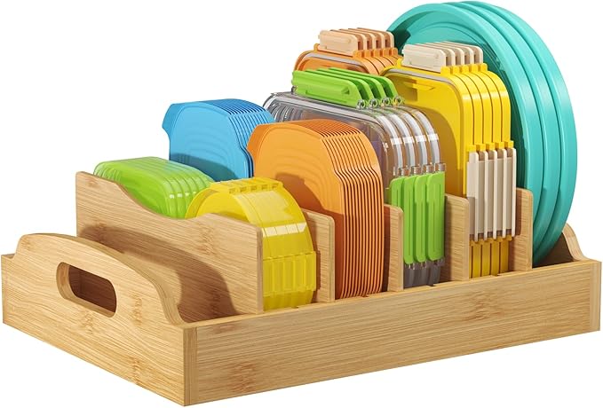 Lifewit Bamboo Lid Organizers for Inside Cabinet, Food Storage Container Lid Holder with 5 adjustable Inserts & 6 Compartments, Lid Storage for Kitchen Pantry Organization, 13.2" x 10"/34 x 25cm