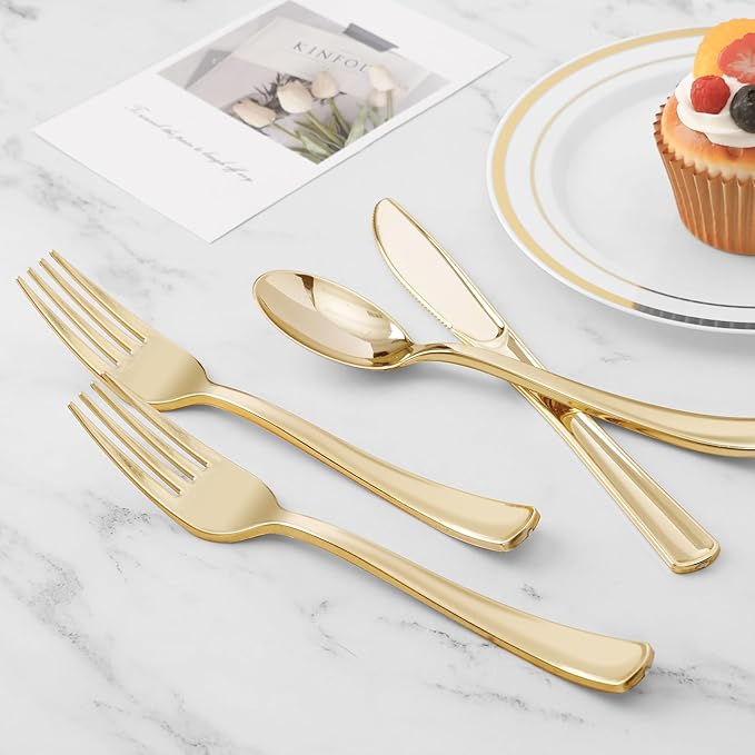 BESTVIP 400PCS Gold Plastic Silverware, Gold Disposable Utensils, Heavy Duty Cutlery Set of 200 Forks, 100 Spoons, 100 Knives for Party, Thanksgiving, Christmas, Birthday, Catering and Daily Use