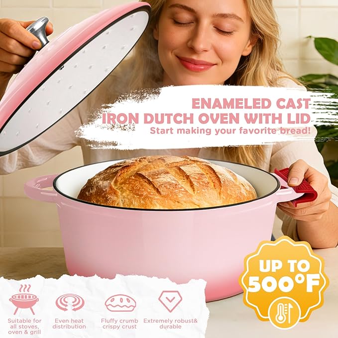 Enameled Cast Iron Dutch Oven Pot with Lid, Incl. Sourdough Bread Baking Supplies Like Banneton Bread Proofing Basket, Starter Jar, Scoring Tool Lame, 5QT Dutch Oven for Bread Baking, Oven Safe up to 500°F