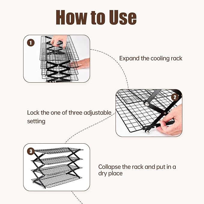 4-Tier Collapsible Cooling Rack – 16" x 10" Adjustable Stackable Non-Stick Wire Rack for Baking, Roasting, Cookies, Cakes, Drying, Picnic & BBQ, Each Tier Holds 22 Lbs