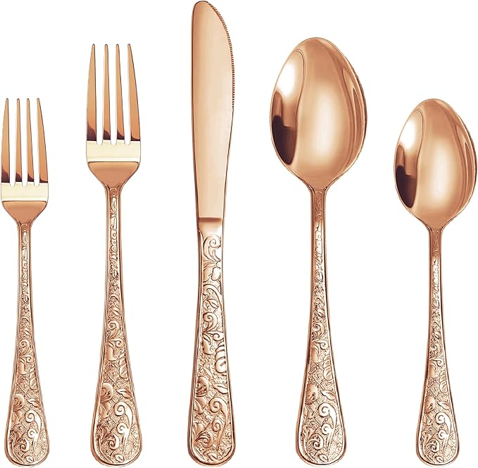 Runfly Vintage Carved Rose Gold/Copper Stainless Steel 20 Pieces Flatware Set, Silverware Set, Modern Embossed Cutlery Set Utensils Including Fork Spoon and Knife