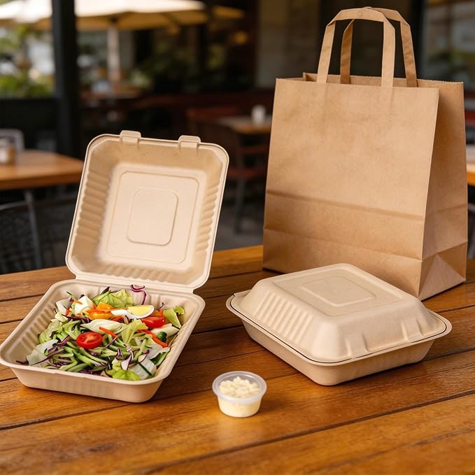 Aricsen Compostable 100 Pack 8 Inch Takeout Lunch Box Containers with Lid To Go Take Out Clamshell for Food, Disposable Eco-Friendly Biodegradable Bagasse, PFAS-Free, Brown
