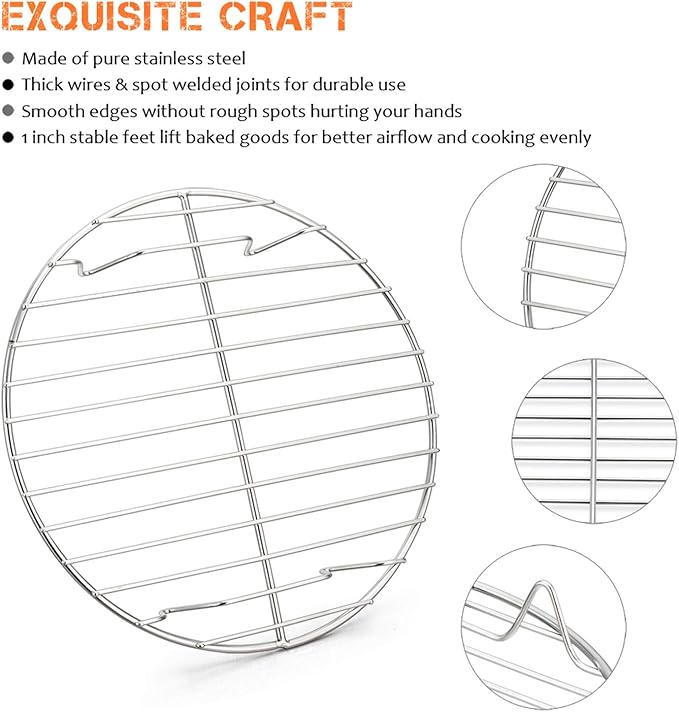 E-far 9 Inch Round Canning Cooking Racks, Stainless Steel Round Steaming Baking Cooling Rack Set of 2, Multi-Purpose for Air Fryer Pressure Cooker, Dishwasher Safe