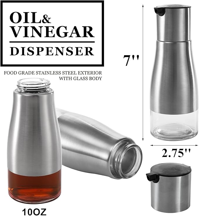 Tebery 2 Pack Silver Olive Oil and Vinegar Dispenser Set, 10OZ Oil Dispenser Cruet with Easy & Drip Free Pouring, Elegant Stainless Steel with Glass Bottom