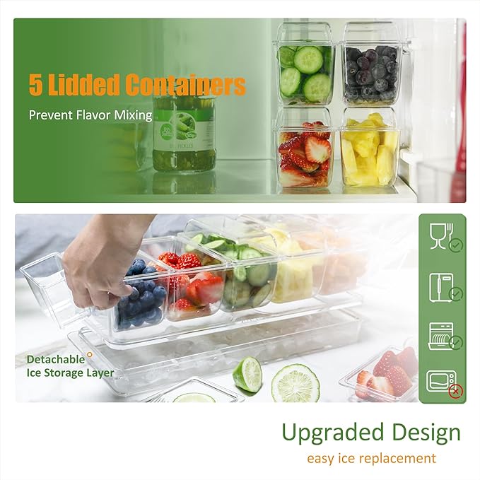 IVYHOME Chilled Condiment Server, Taco Bar Serving Set, Mimosa Bar Supplies, with 5 Lidded Containers and Detachable Ice Storage Layer, 2 Hanging Cups for Storing Tong or Forks
