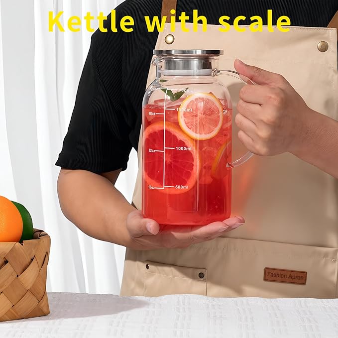 Glass Pitcher with Lid, 1.8Liter 62 oz Glass Carafe for Hot/Cold Water, Tea Pitcher with Scale, Suitable for Coffee, Juice and Homemade Drinks