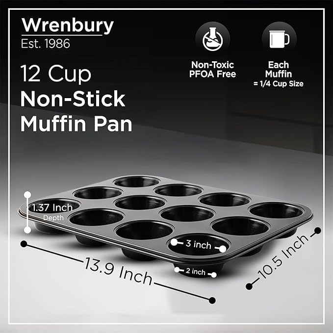 Wrenbury Nonstick Muffin Pan 12 Cup – Deep Cupcake Yorkshire Pudding Tin, PTFE & PFOA Free Carbon Steel, Warp Resistant Baking Tray for Even Bakes