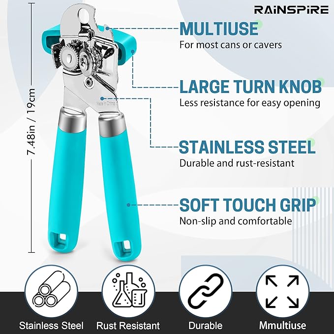 Rainspire Can Opener Manual Handheld Strong Manual Can Opener Smooth Edge Cut, Can Opener Heavy Duty, Comfortable Soft Handle, Built-in Bottle Opener, Blue