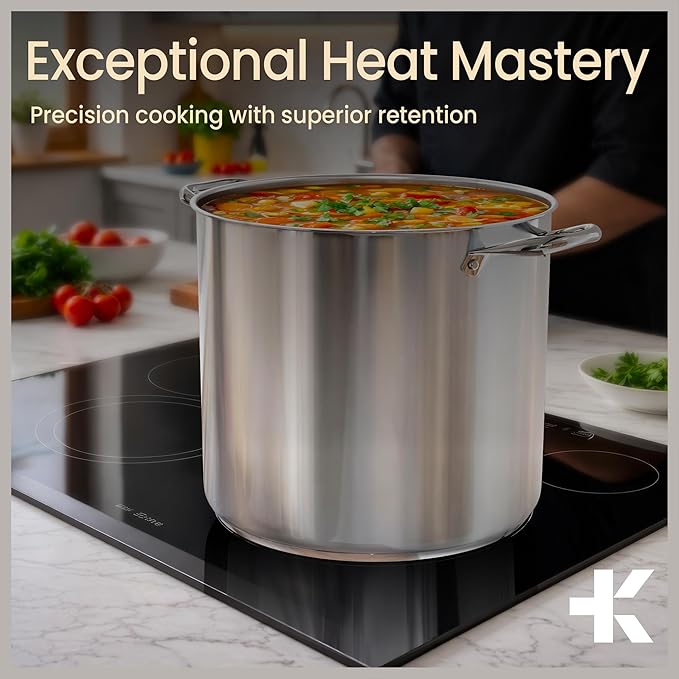 Stainless Steel Stockpot with Tempered Glass Lid 19 Quart, Durable 18/0 Stainless Steel, Impact-Bonded Base for Even Heating, Riveted Handles, Oven & All Stove Compatible, Safe Up To 500°F (260°C)