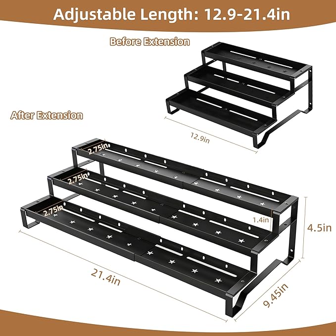 Expandable Spice Rack Organizer for Cabinet 3 Tiered Metal Seasoning Organization with Guardrails Spice Shelf Storage for Jars Adjustable Length 13"-21" Black 2Pack