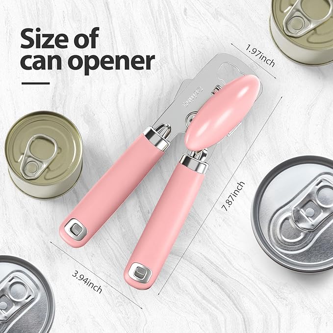 Can Opener Manual, Heavy Duty Stainless Steel Smooth Edge Can Openers With Soft Touch Handle, Oversized Handheld Easy Turn Knob, Multi-Function Bottle Opener, Pink