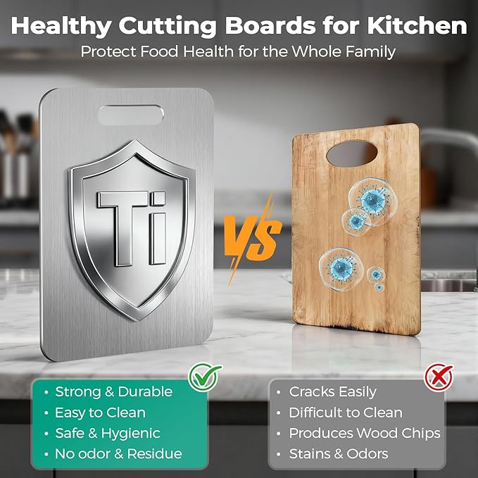 Katuchef Titanium Cutting Board - Upgraded 100% Pure Titanium Cutting Boards for Kitchen Non Toxic, Double-Grade Hygiene Durable Non Moldy Dishwasher Safe Meat Fruit Metal Board (2PC S+L)