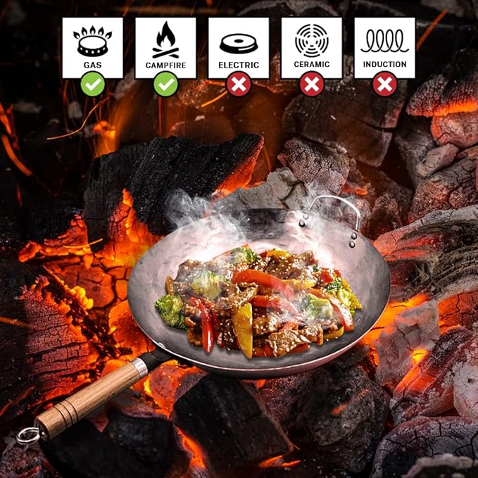 Carbon Steel Wok Pan, Stir Fry Pans, 13 Inch Wok Pan with Support Ring and Spatula, Nonstick Woks and Stir-fry Pans, No Chemical Coated Round Bottom Chinese Wok for Electric, Gas, All Stoves