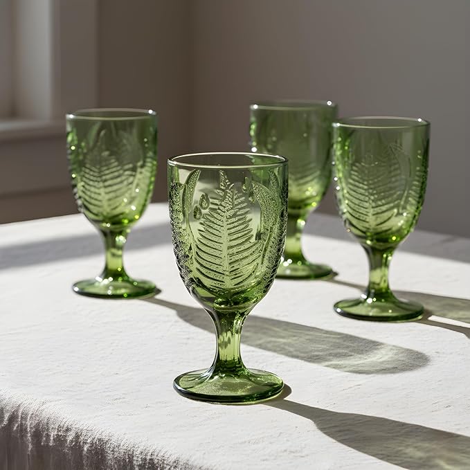 Vintage Green Stemmed Goblets Set of 4, Fern Embossed Textured Glass Wine Goblets, Retro Boho Colored Stemware, Decorative Drinking Glasses for Water, Wine & Cocktails, Vintage Glassware Gift Set