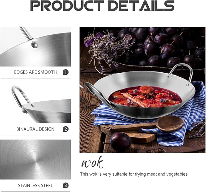 Tofficu Stainless Steel Wok 12 Inch Double Handle Round Bottom Frying Pan for Stir Fry Cooking Chinese Kitchen Use