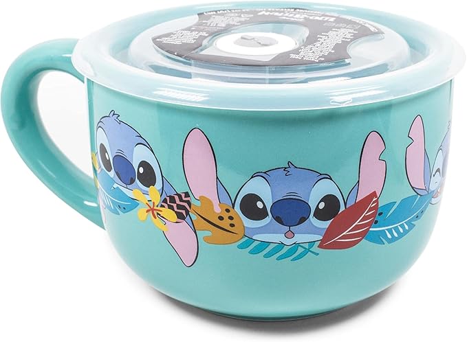 Silver Buffalo Disney Lilo and Stitch Aloha Various Faces Ceramic Soup Mug with Vented Plastic Lid, 24 Ounces